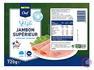 Rappel produit Jambon supérieur cuit découenné, dégraissé METRO CHEF