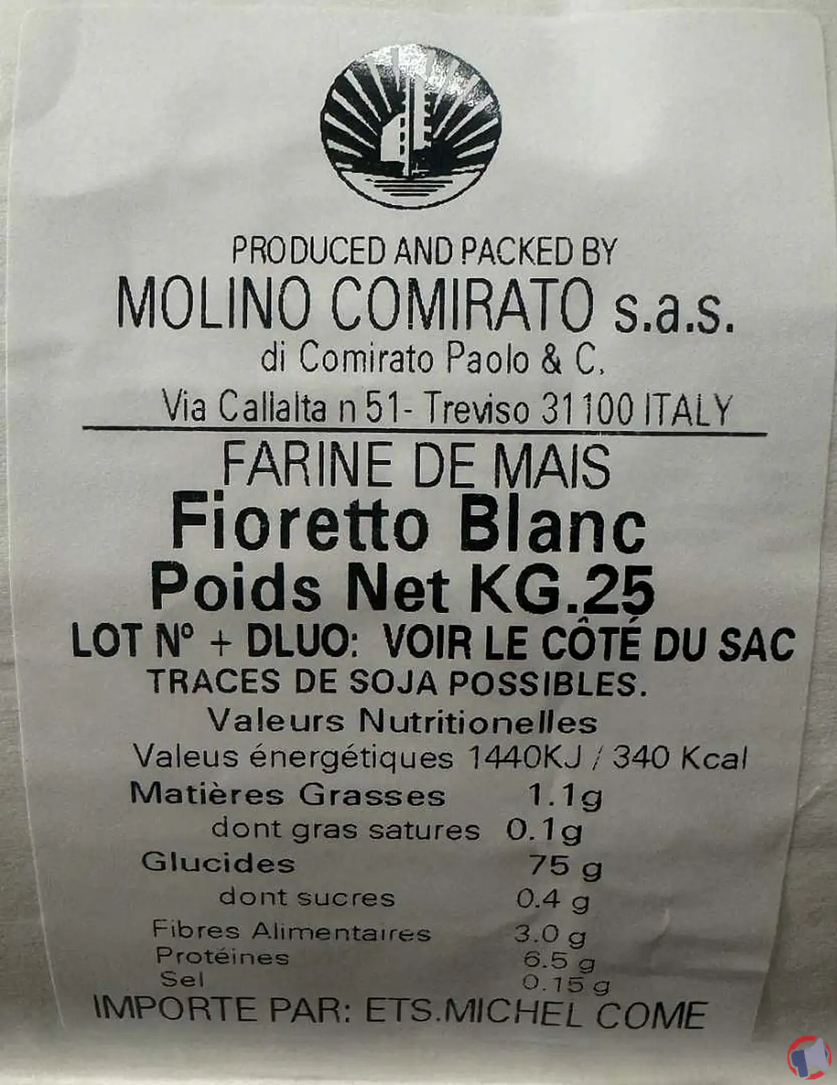 Rappel de produit : Farine de Maïs Blanche de la marque MOLINO COMIRATO