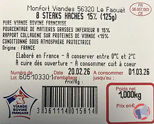Rappel produit Steak haché 15% 8x125g Monfort Viandes