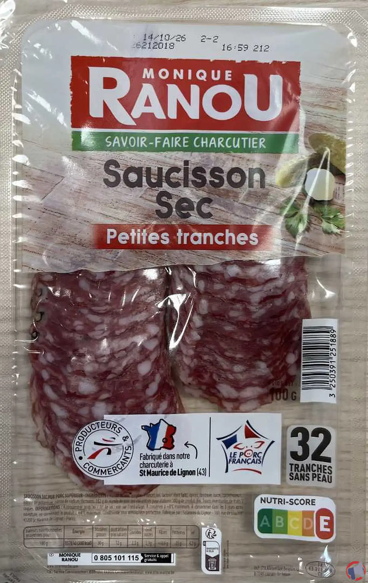 Rappel de saucisson sec en petites tranches Monique Ranou : ne pas consommer par mesure de précaution