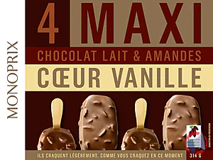 Rappel produit 4 Bâtonnets Vanille/Chocolat au Lait/Amande 440mL MONOPRIX