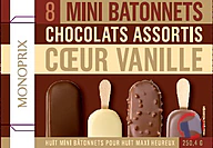 Rappel produit MONOPRIX 8 mini bâtonnets chocolats assortis cœur vanille 250,4g / 360ml MONOPRIX