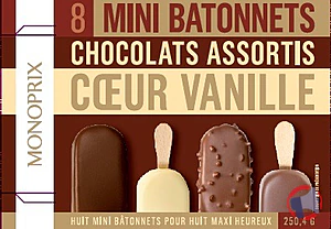 Rappel produit 8 mini bâtonnets chocolats assortis cœur vanille 250,4g / 360ml MONOPRIX MONOPRIX