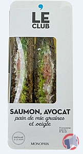 Rappel produit CLUB SAUMON FUME FROMAGE FRAIS CITRON VERT MONOPRIX Sandwich au saumon fumé, fromage frais, fromage blanc, jus de citron vert à base de concentré et zeste de citron vert . CLUB SAUMON AVOCAT MONOPRIX Pain de mie aux graines et à la farine de seigle MONOPRIX