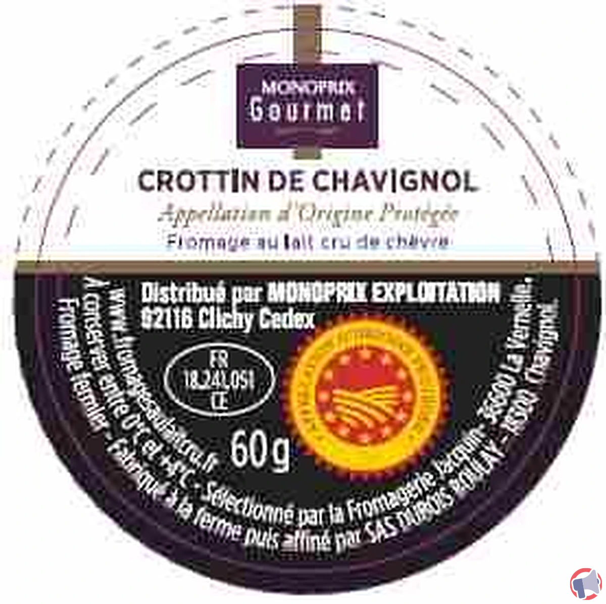 Rappel du fromage : Monoprix gourmet crottin chavignol AOP 60g