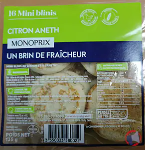 Rappel produit MINI BLINIS CITRON ANETH MONOPRIX