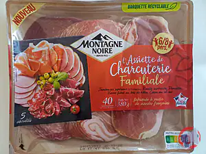 Rappel produit ASSIETTE DE CHARCUTERIE FAMILIALE - Jambon sec supérieur, Rosette supérieure, Pancetta, Bacon Fumé, Coppa MONTAGNE NOIRE