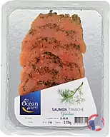 Rappel produit SAUMON TRANCHE GRAVLAX 120 g , conditionné en barquette plastique operculée sous atmosphère protectrice, OCEAN DELICES