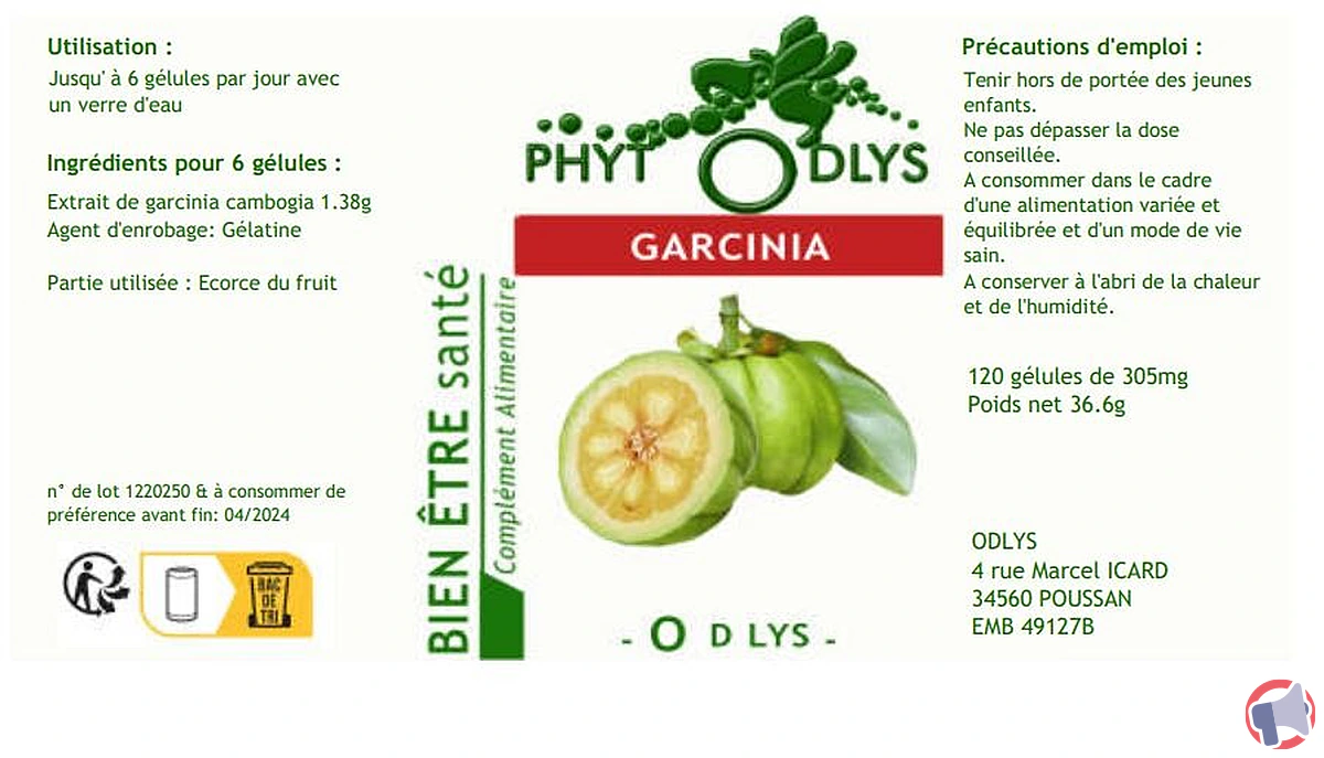 Rappel produit : compléments alimentaires Odlys Garcinia