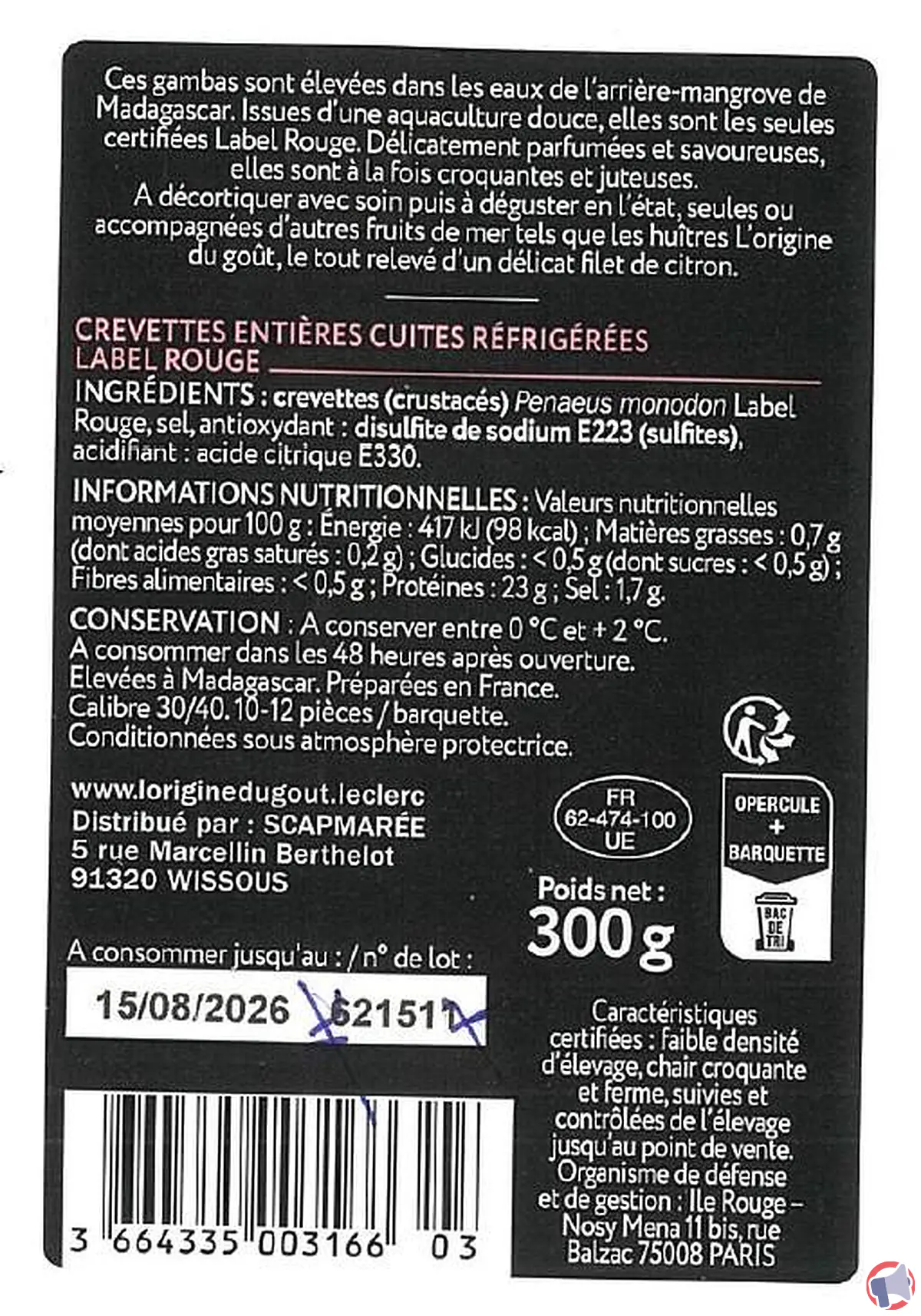 Rappel : crevettes entières cuites réfrigérées « origine goût » (découvertes et conseils)