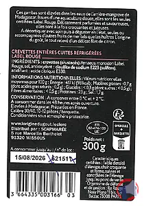 Rappel produit Crevettes entières cuites réfrigérées Monodon Mada 300g élevage 30/40 "Origine du goût" "Origine du goût"