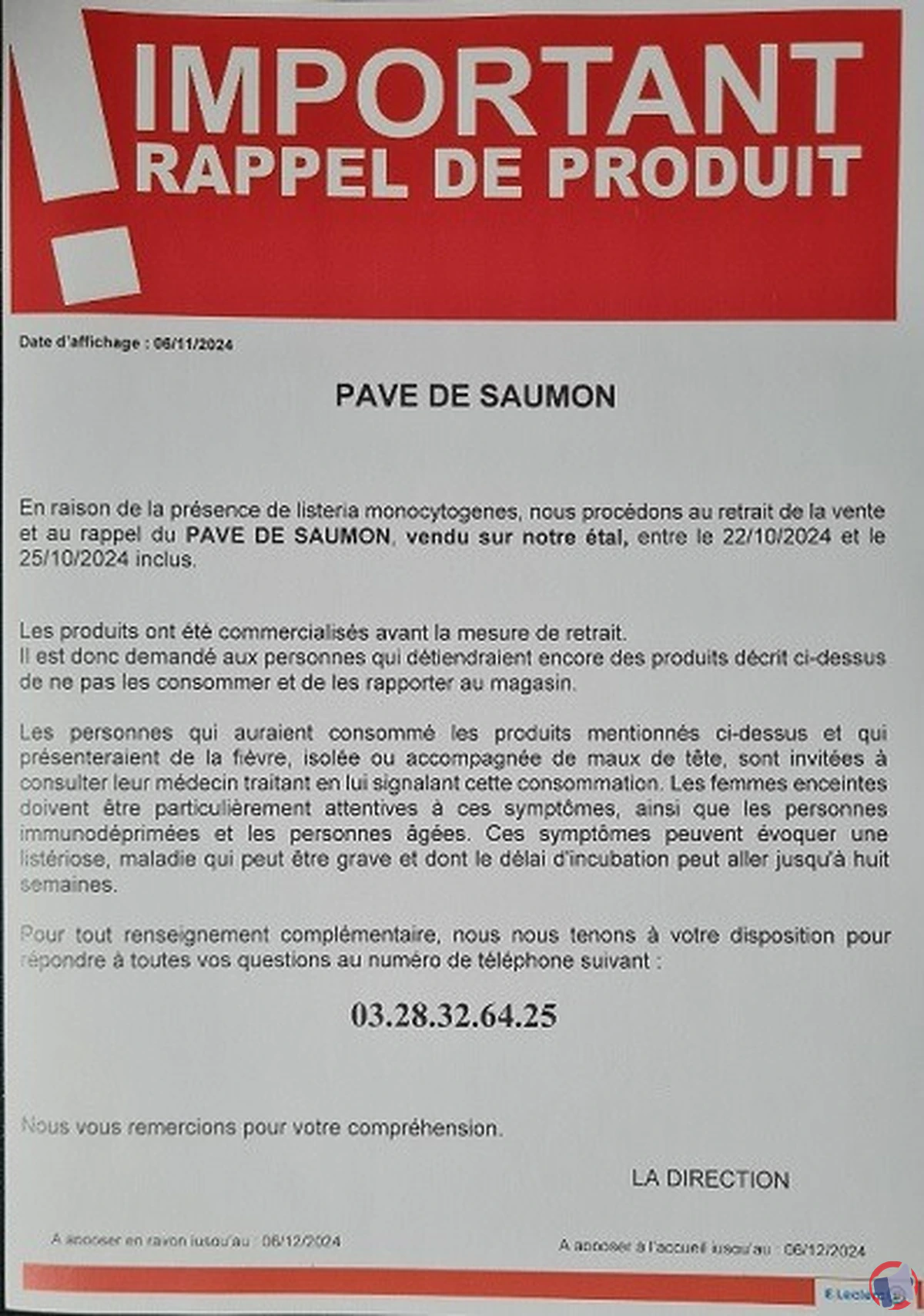 Rappel de produit : pavé de saumon contaminé à la listeria à Roubaix
