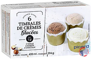 Rappel produit 6 TIMBALES DE CRÈMES GLACÉES Vanille - Noisette – Chocolat PICARD