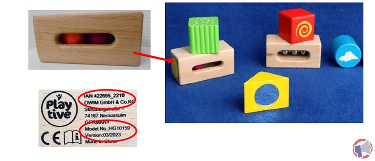 Rappel du jeu d’encastrement mains / blocs Montessori de la marque Playtive pour risque d'étouffement