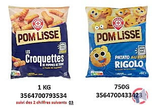 Rappel produit CROQUETTES DE POMMES DE TERRE 1KG et PATATO RIGOLO 750G SURGELÉS POM’LISSE