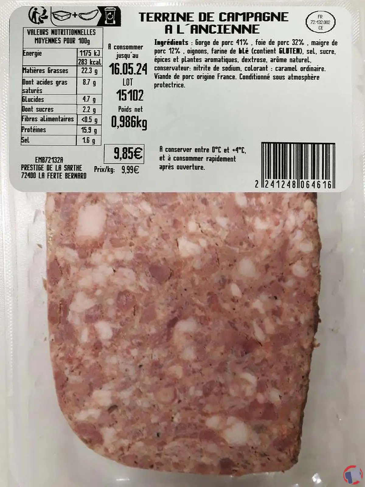 Rappel de produit : Terrine de campagne à l'ancienne de la marque Prestige de la Sarthe