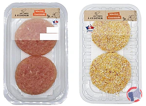 Rappel produit 2 FILETS DE POULET FACON HACHE, 2 HAUTS DE CUISSE DE POULET HACHE PANE LES PRÊTS A CUISINER