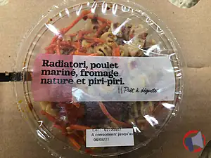 Rappel produit Radiatori, poulet mariné, fromage nature et piri piri