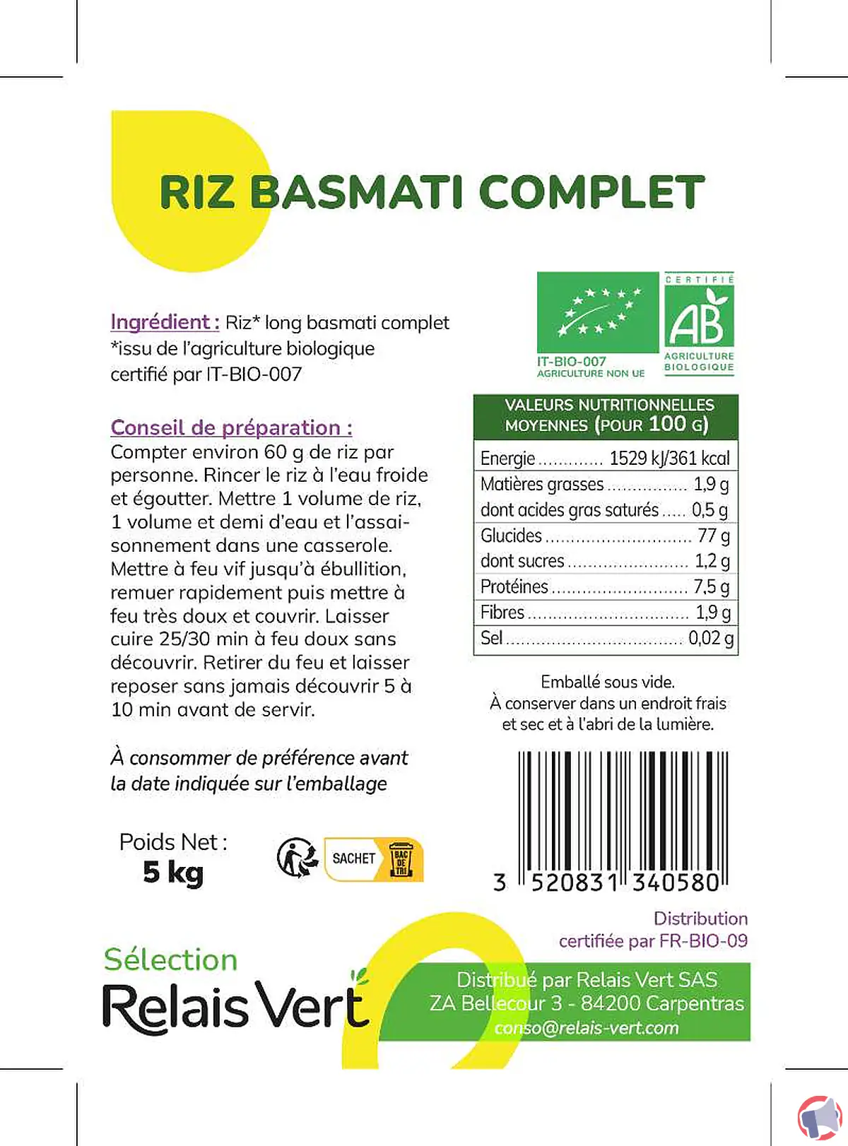 Rappel produit : relais vert - riz basmati complet 25kg selé