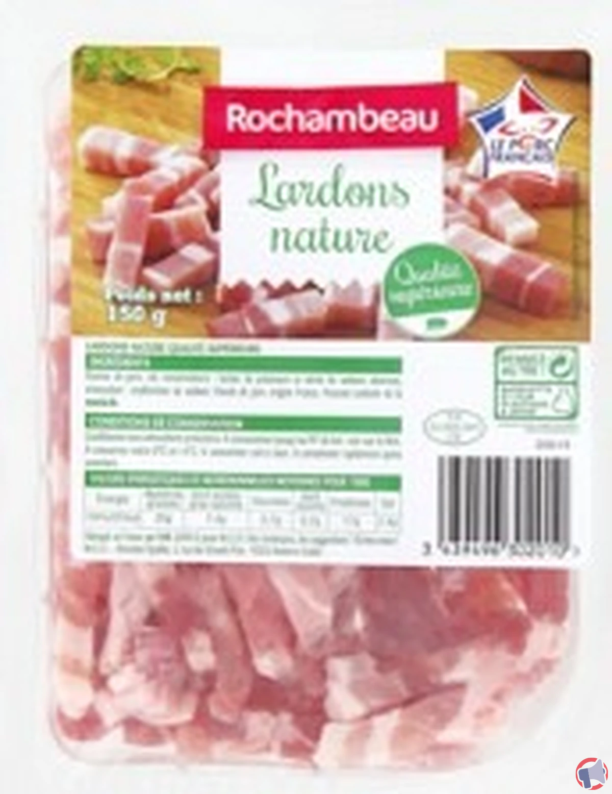 Rappel de lardons nature rochambeau 150 g (qualité supérieure) : ne consommez pas le produit concerné