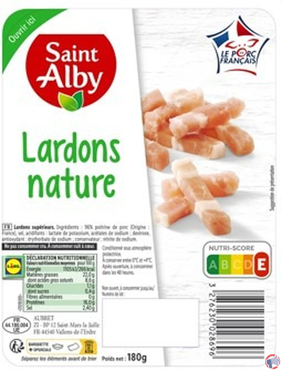 Rappel de lardons nature Saint Alby : risque de salmonellose
