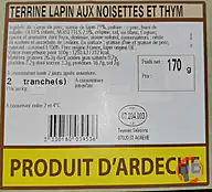 Rappel produit Terrine lapin aux noisettes et thym Salaisons de la Haute Ardèche (photo numéro 2)