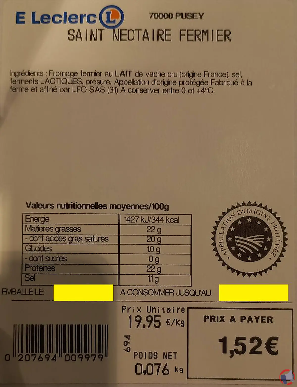 Rappel de produit : Saint Nectaire Fermier vendu chez E. Leclerc Pusey pour risque de listériose