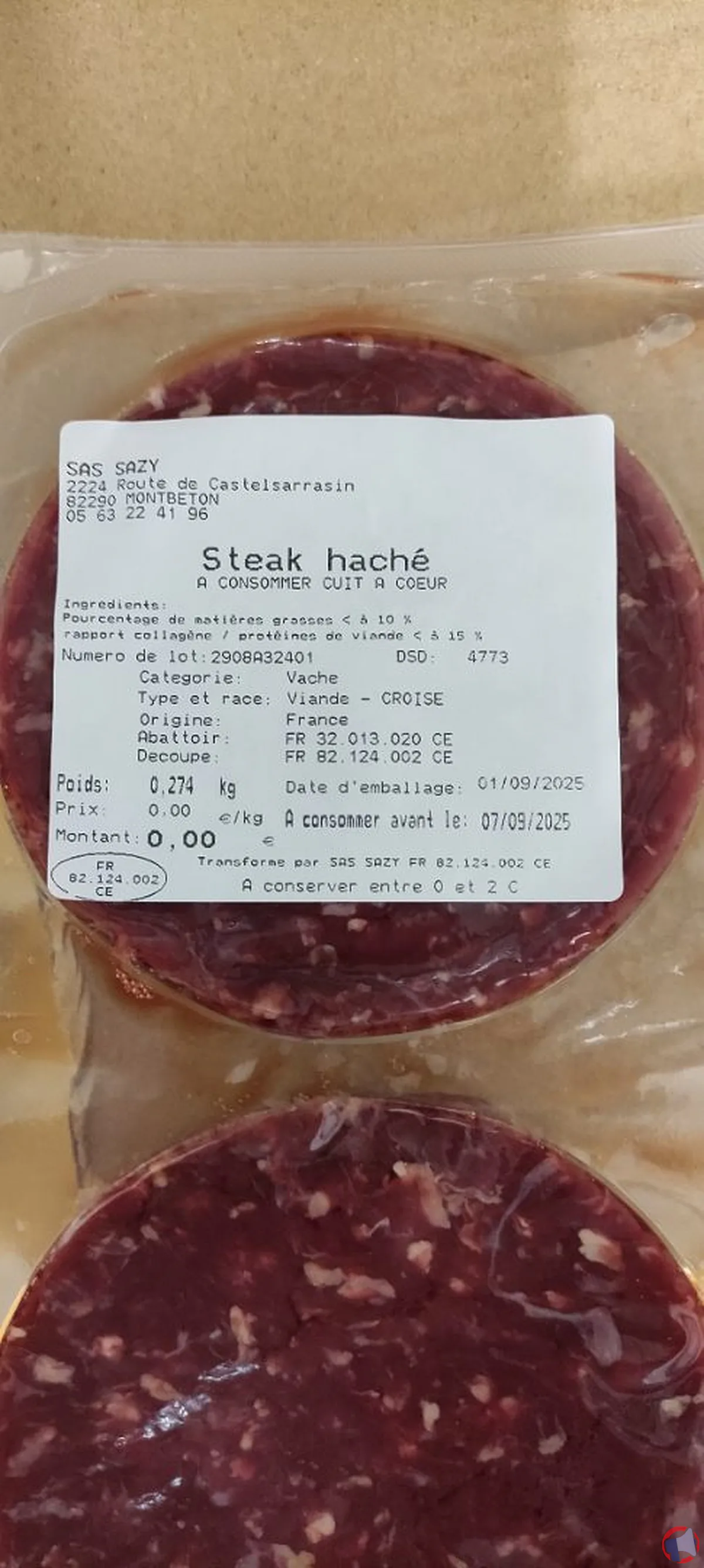 Rappel sur le steak haché : mise en garde de SAS Sazy