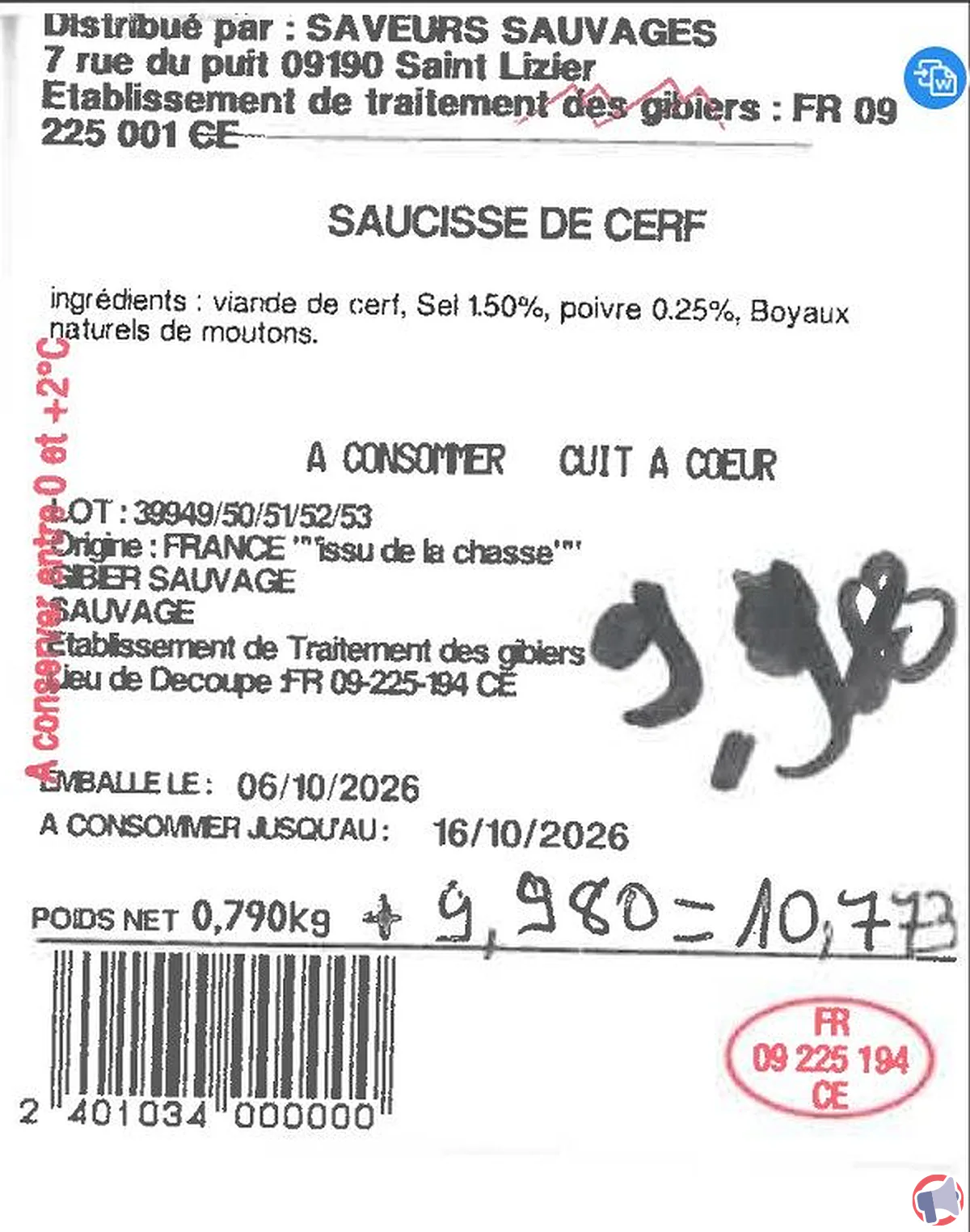 Rappel produit : Saveurs Sauvages — Saucisse de cerf