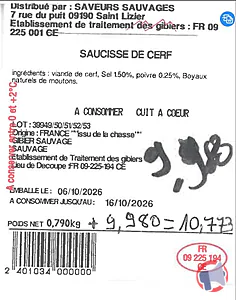 Rappel produit SAUCISSE DE CERF SAVEURS SAUVAGES