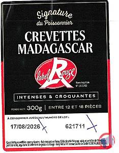 Rappel produit Crevettes entières cuites réfrigérées élevage 40/60 Mada 300g et sauvage FAO 51.6 320g "Signature du poissonnier"