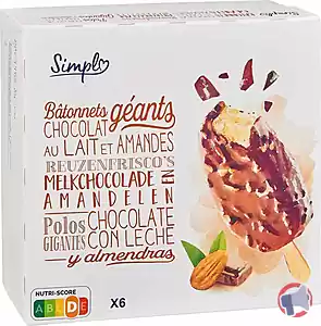 Rappel produit 6 Bâtonnets glace Vanille enrobage chocolat au lait et Amandes SIMPL
