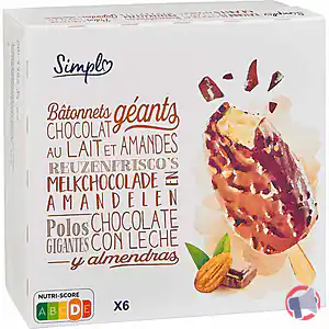 Rappel produit Bâtonnets géants chocolat au lait et amandes x6 SIMPL