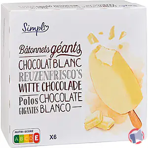 Rappel produit Bâtonnets géants chocolat blanc x6 SIMPL / PRODUITS BLANCS