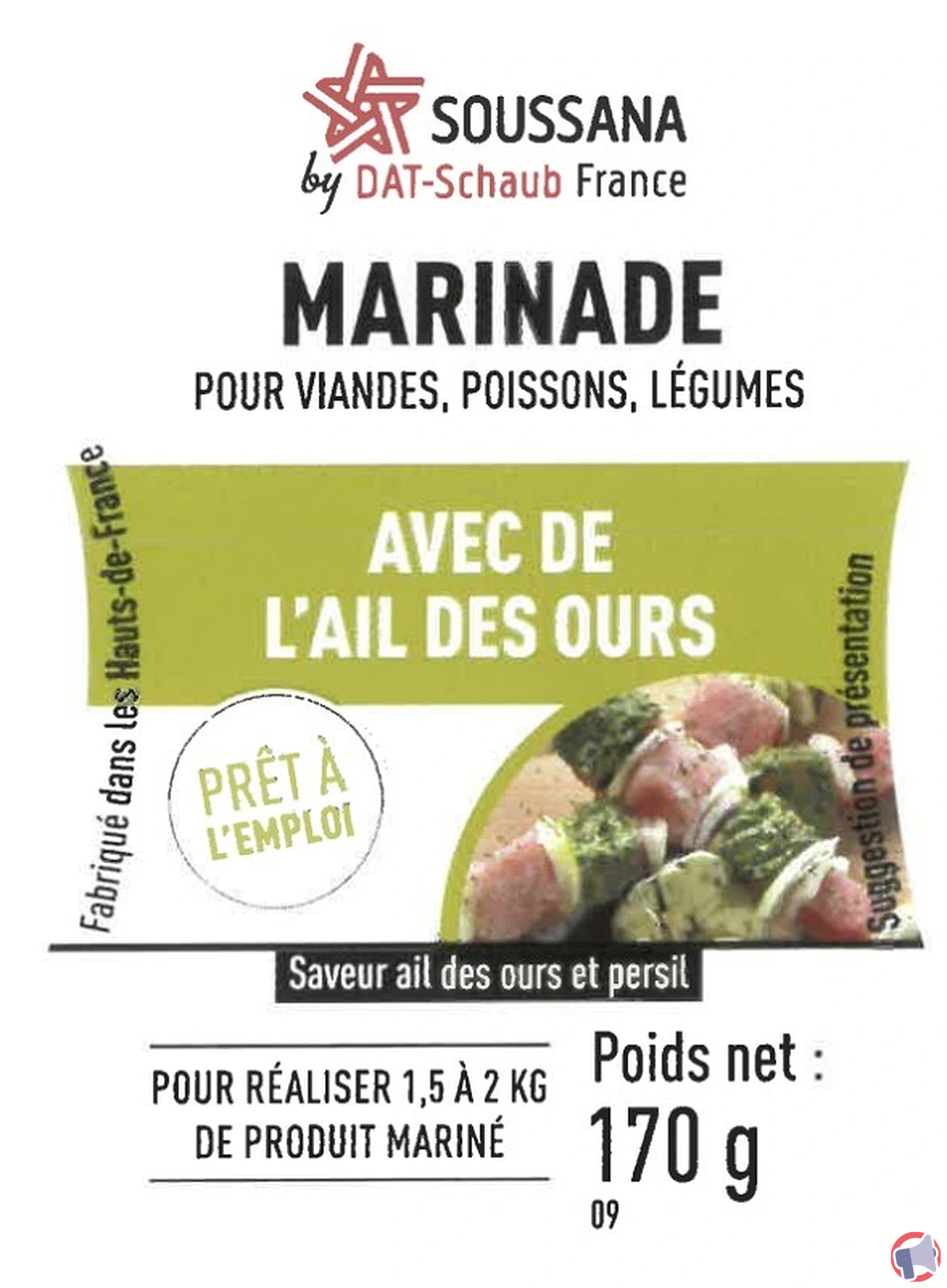 Rappel de produit : marinade avec de l'ail des ours de la marque Soussana by DAT-Schaub France