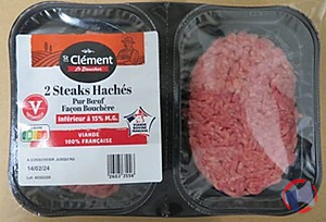 Rappel produit 2 STEAKS HACHES PUR BŒUF FACON BOUCHERE 15% MATIERE GRASSE - 2X125G ST CLEMENT LE BOUCHER