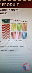 Rappel produit PAILLES RAYEES PAPIER 16 PIECES STRAWS RIETJES