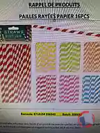 Rappel produit pailles rayées papier 16pc straws rietjes