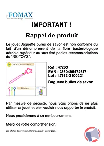 Rappel produit Baguette bulles de savon Sun & Fun