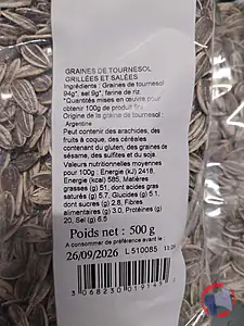Rappel produit Graines de tournesol grillées salées SUNCHEFS