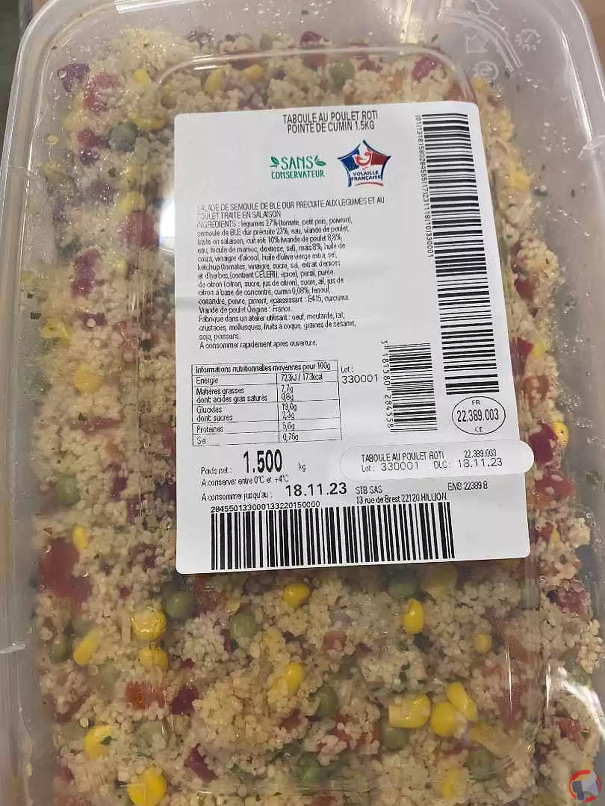 Rappel de produit : Taboulé poulet rôti pour contamination chimique