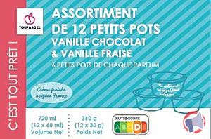 Rappel produit Assortiment de 12 Petits pots VANILLE CHOCOLAT ET VANILLE FRAISE Toupargel