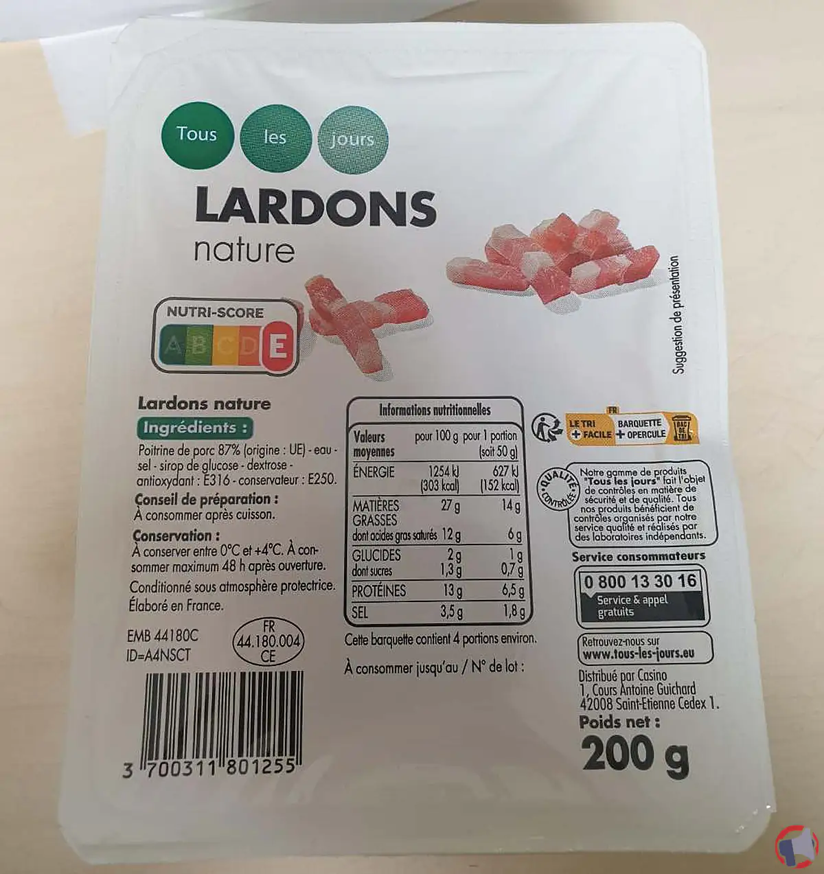 Rappel de lardons nature 200 g Tous les jours : absence de marquage jet d'encre