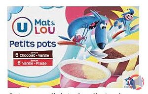 Rappel produit Petits pots vanille fraise & vanille chocolat - U Mat & Lou - x12, 342 g U