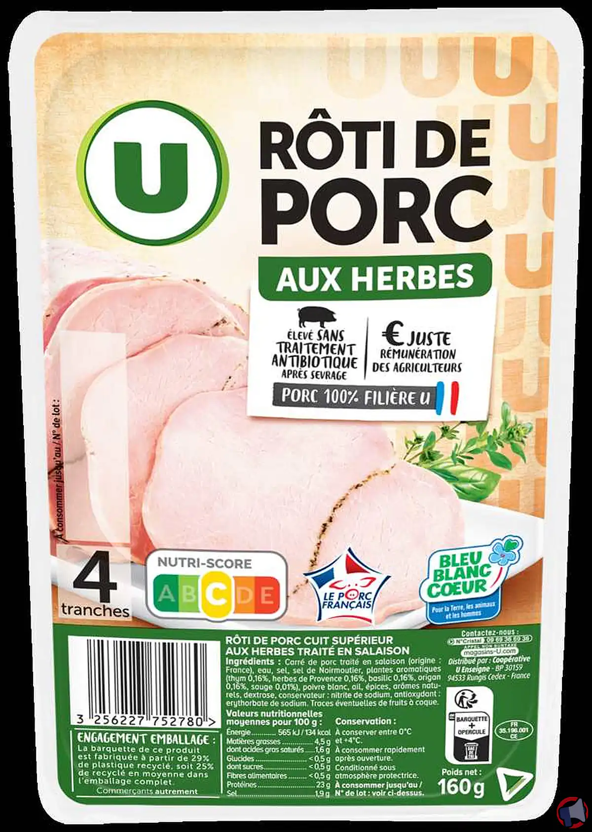 Rappel de produit : rôti de porc herbes Bleu Blanc Cœur U 4 tranches 160g