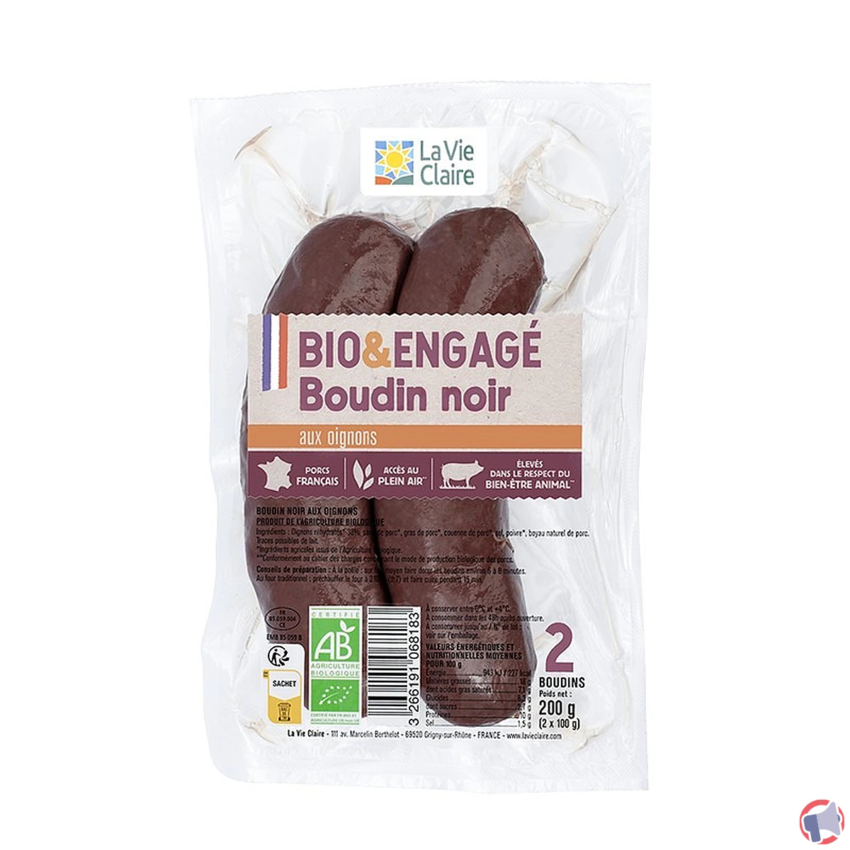 Rappel du produit : Vie Claire boudin noir aux oignons x2 200g