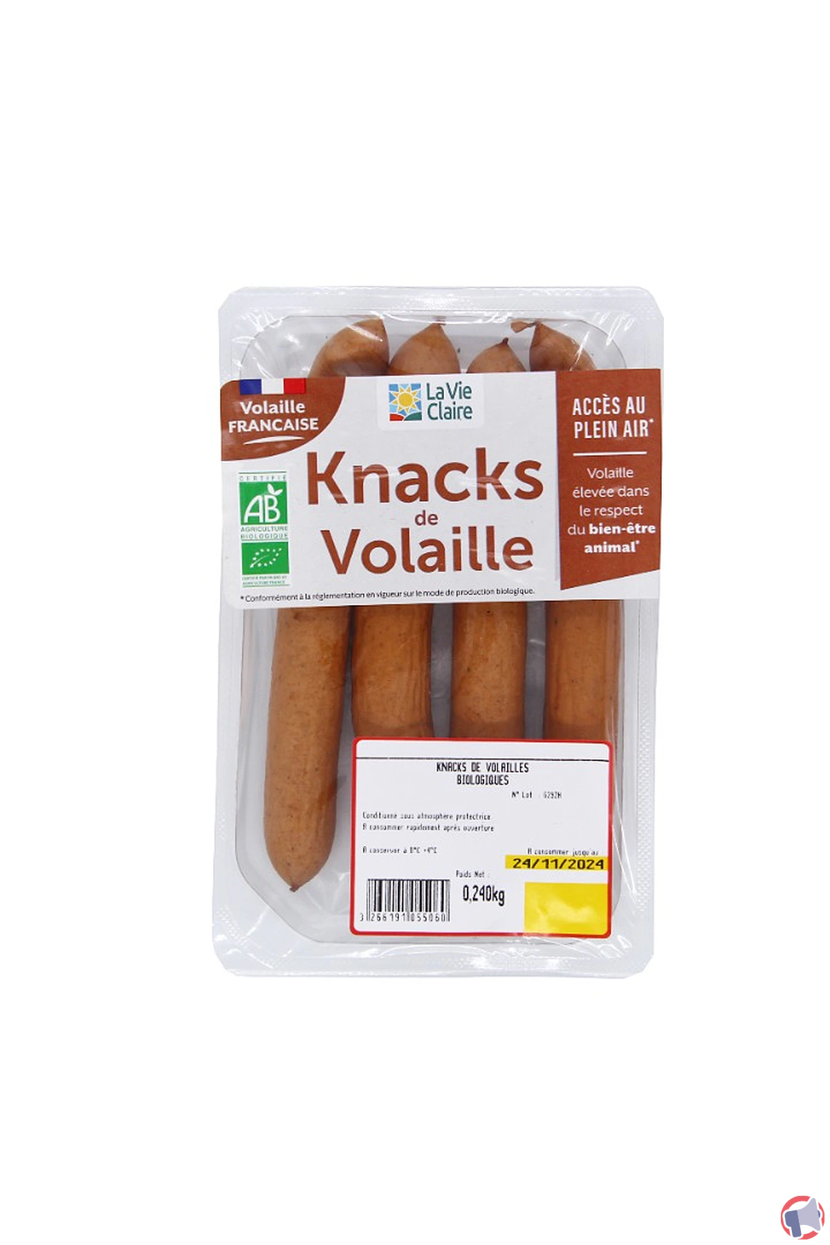 Rappel produit : knacks de volaille La Vie Claire pour erreur d'étiquetage