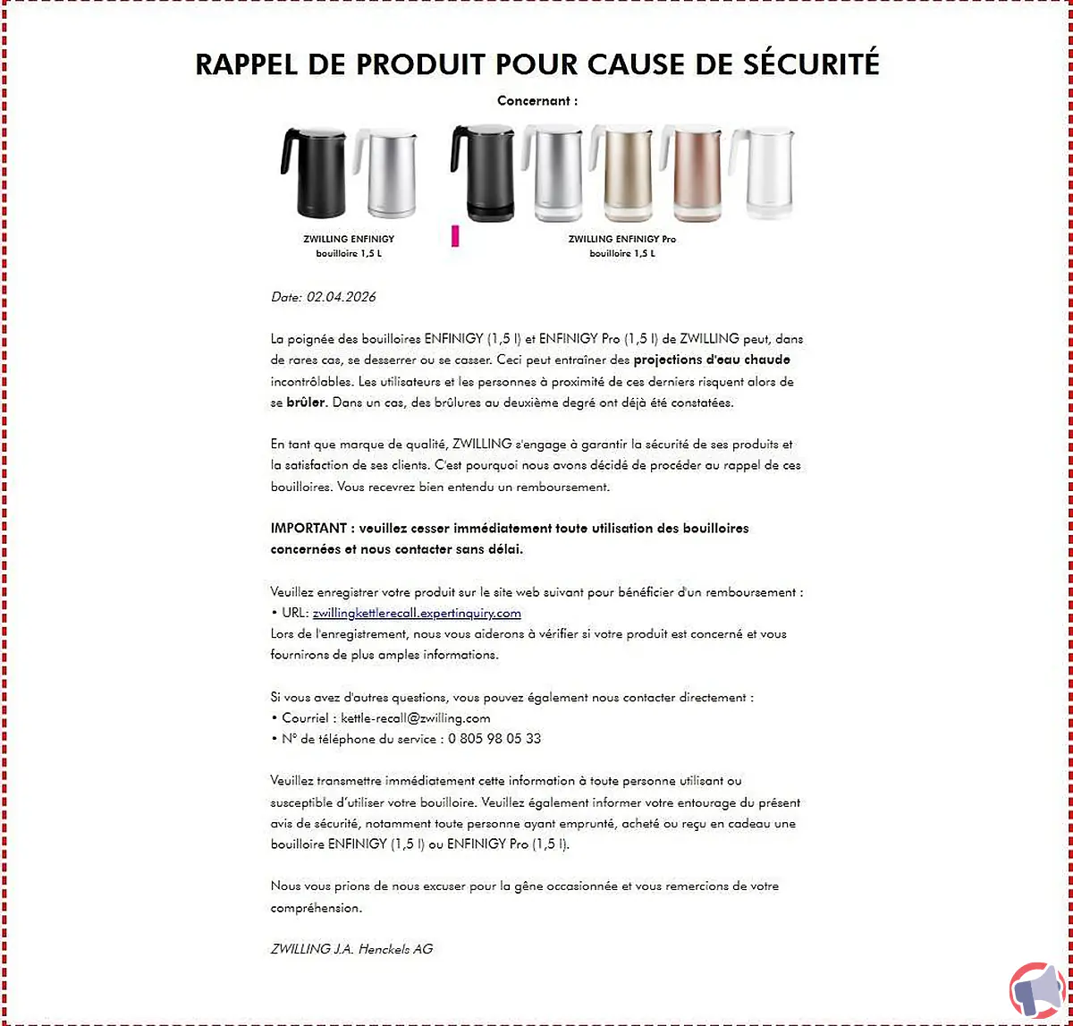 Rappel produit : zwilling enfinigy, bouilloire électrique (mesures de sécurité pour les consommateurs)